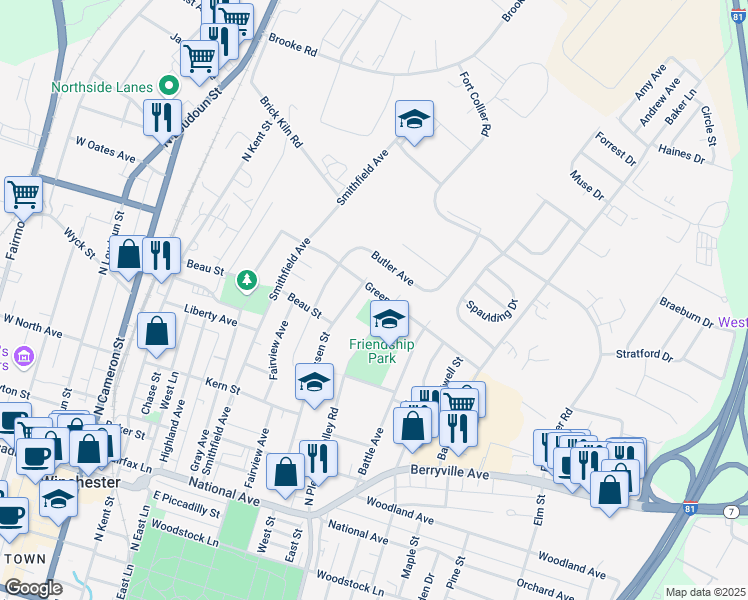 map of restaurants, bars, coffee shops, grocery stores, and more near 516 Green Street in Winchester