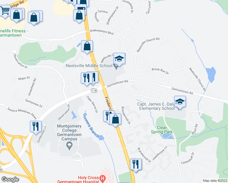 map of restaurants, bars, coffee shops, grocery stores, and more near 11655 Drumcastle Terrace in Germantown