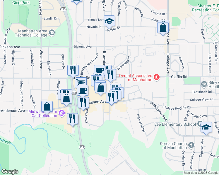 map of restaurants, bars, coffee shops, grocery stores, and more near 1135 Westport Drive in Manhattan