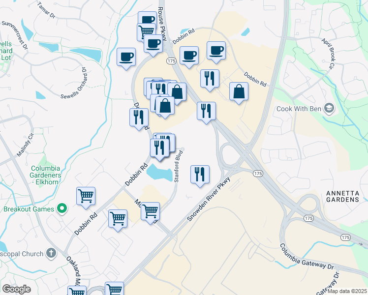 map of restaurants, bars, coffee shops, grocery stores, and more near 8840 Stanford Boulevard in Columbia