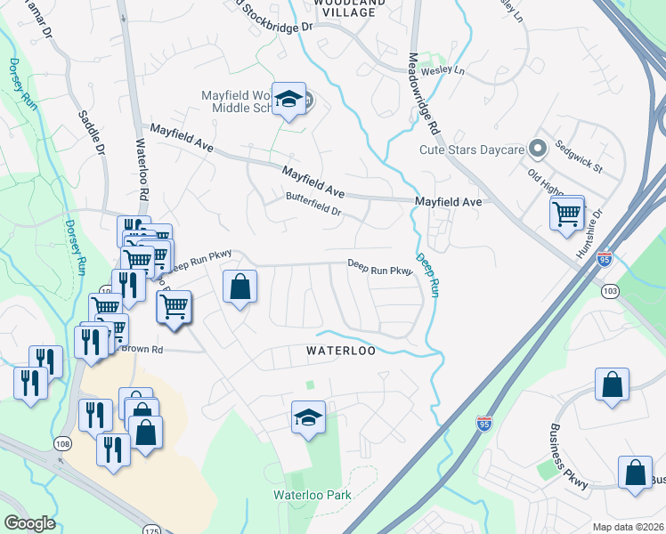 map of restaurants, bars, coffee shops, grocery stores, and more near 6734 Deep Run Parkway in Elkridge