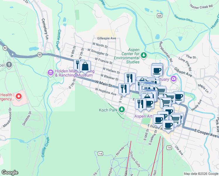 map of restaurants, bars, coffee shops, grocery stores, and more near 2 West Main Street in Aspen