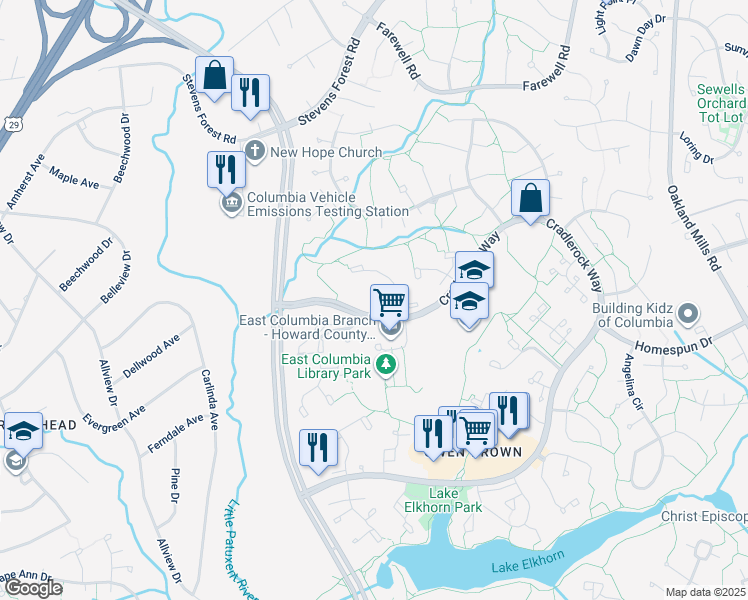 map of restaurants, bars, coffee shops, grocery stores, and more near 6590 Fruitgift Place in Columbia