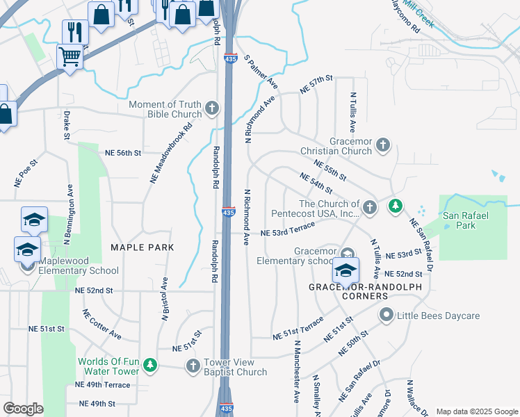 map of restaurants, bars, coffee shops, grocery stores, and more near 5358 North Palmer Avenue in Kansas City