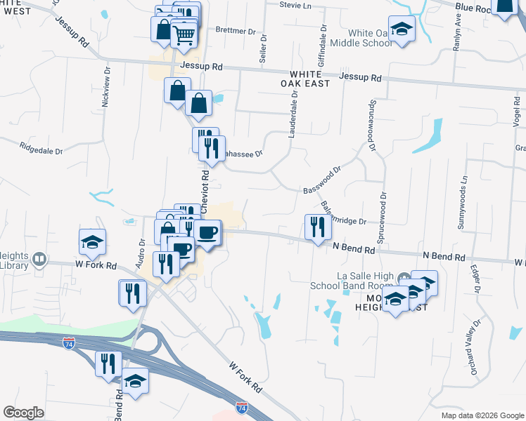 map of restaurants, bars, coffee shops, grocery stores, and more near 3390 Palmhill Lane in Cincinnati