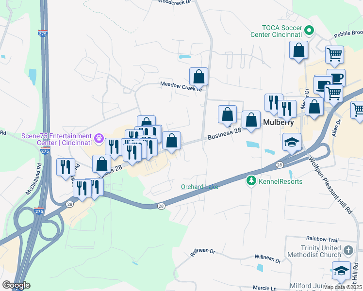 map of restaurants, bars, coffee shops, grocery stores, and more near 947 Ohio 28 in Milford