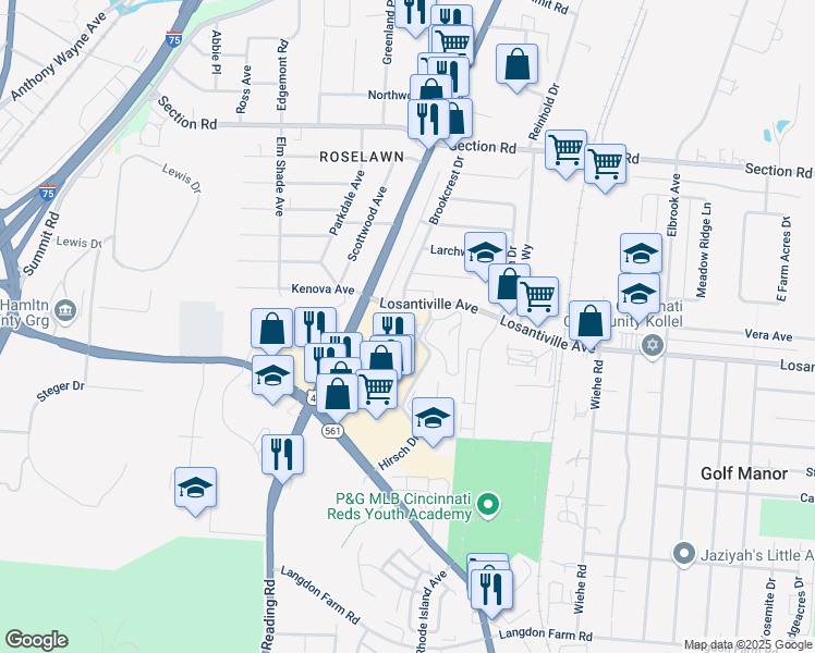 map of restaurants, bars, coffee shops, grocery stores, and more near 1811 Losantiville Avenue in Cincinnati