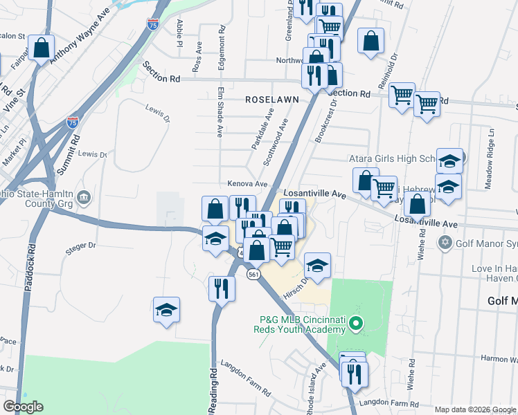 map of restaurants, bars, coffee shops, grocery stores, and more near 7169 Reading Road in Cincinnati