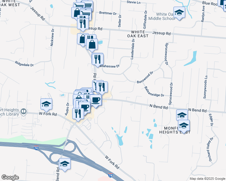 map of restaurants, bars, coffee shops, grocery stores, and more near 5520 Cheviot Road in Cincinnati