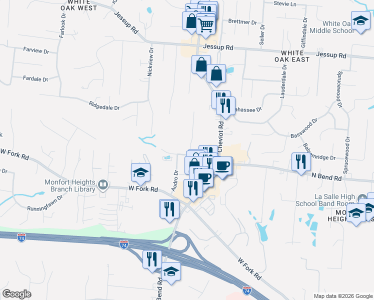 map of restaurants, bars, coffee shops, grocery stores, and more near 5514 Silverpoint Drive in Cincinnati