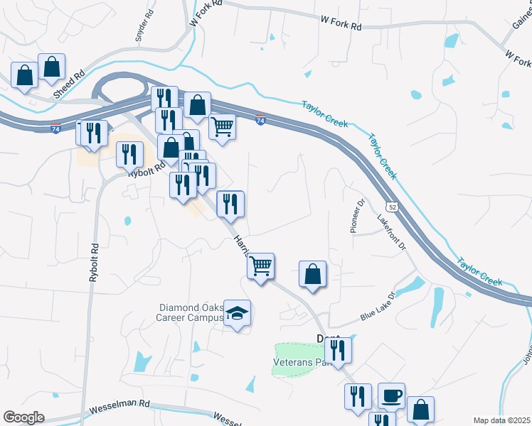 map of restaurants, bars, coffee shops, grocery stores, and more near 5411 Blue Sky Drive in Cincinnati