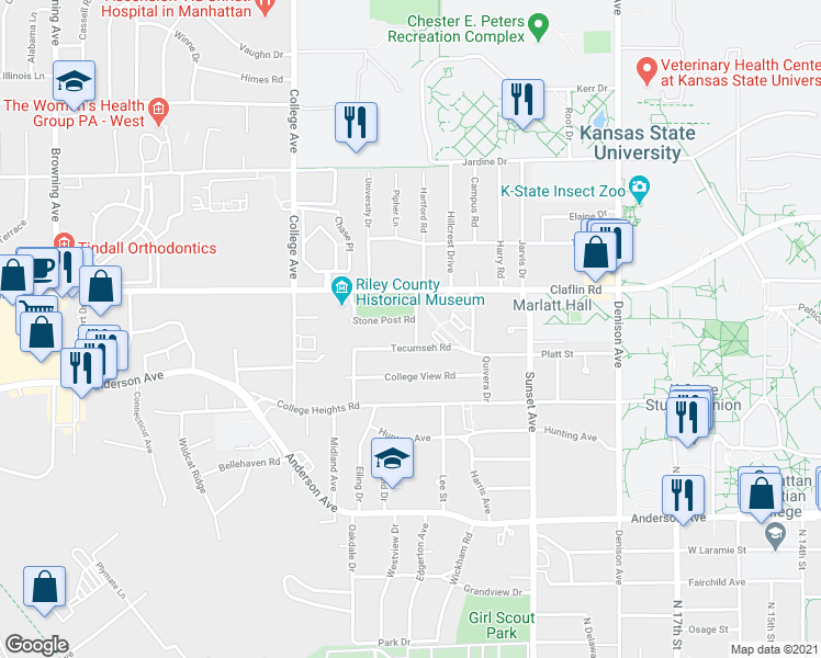 map of restaurants, bars, coffee shops, grocery stores, and more near 2205 Stone Post Road in Manhattan