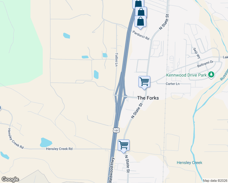 map of restaurants, bars, coffee shops, grocery stores, and more near 501 Parducci Road in Ukiah