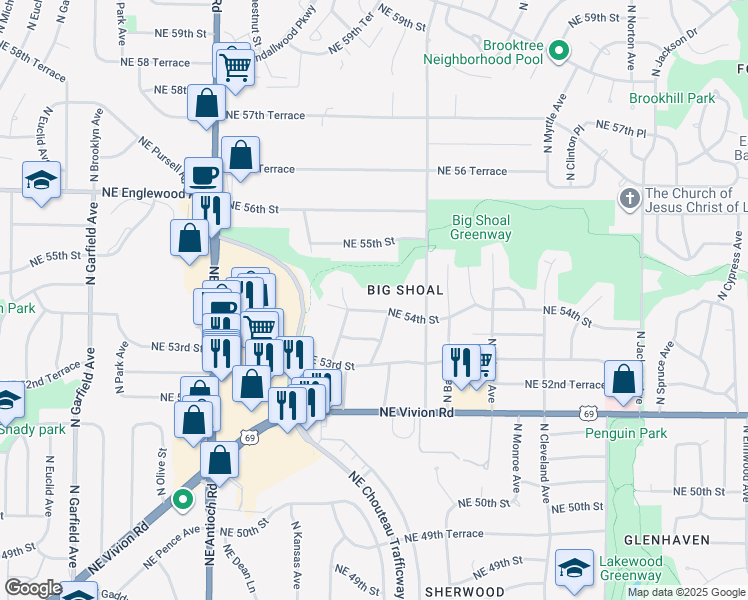 map of restaurants, bars, coffee shops, grocery stores, and more near 3024 Northeast 54th Street in Kansas City