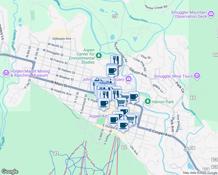 map of restaurants, bars, coffee shops, grocery stores, and more near 204 North Monarch Street in Aspen