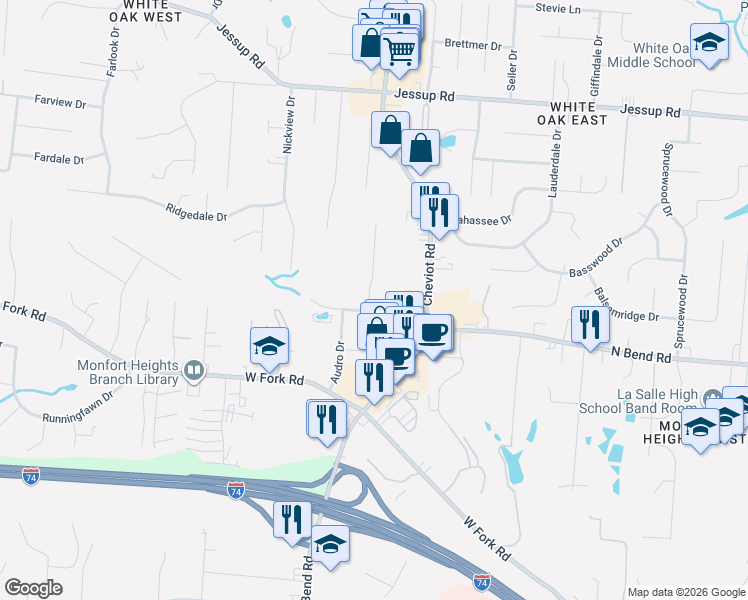 map of restaurants, bars, coffee shops, grocery stores, and more near 5514 Silverpoint Drive in Cincinnati