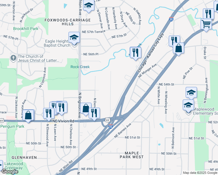 map of restaurants, bars, coffee shops, grocery stores, and more near 5408 North Hardesty Avenue in Kansas City
