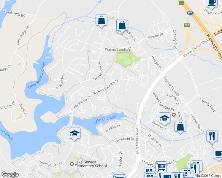 map of restaurants, bars, coffee shops, grocery stores, and more near 20526 Summersong Lane in Germantown