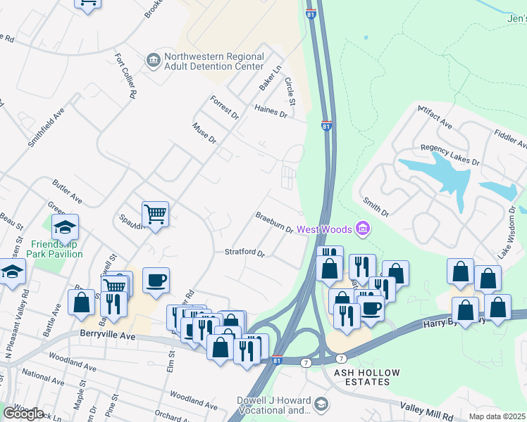 map of restaurants, bars, coffee shops, grocery stores, and more near 107 Braeburn Drive in Winchester