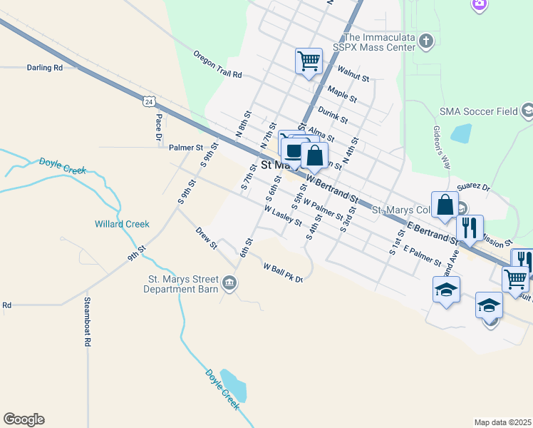 map of restaurants, bars, coffee shops, grocery stores, and more near 300 South 6th Street in Saint Marys