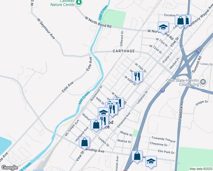 map of restaurants, bars, coffee shops, grocery stores, and more near 160 West 66th Street in Cincinnati