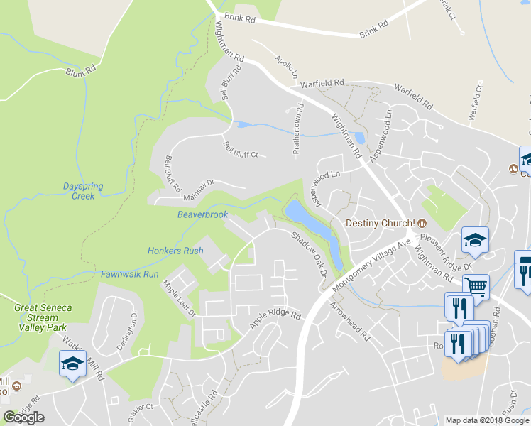 map of restaurants, bars, coffee shops, grocery stores, and more near 20426 Shadow Oak Court in Montgomery Village