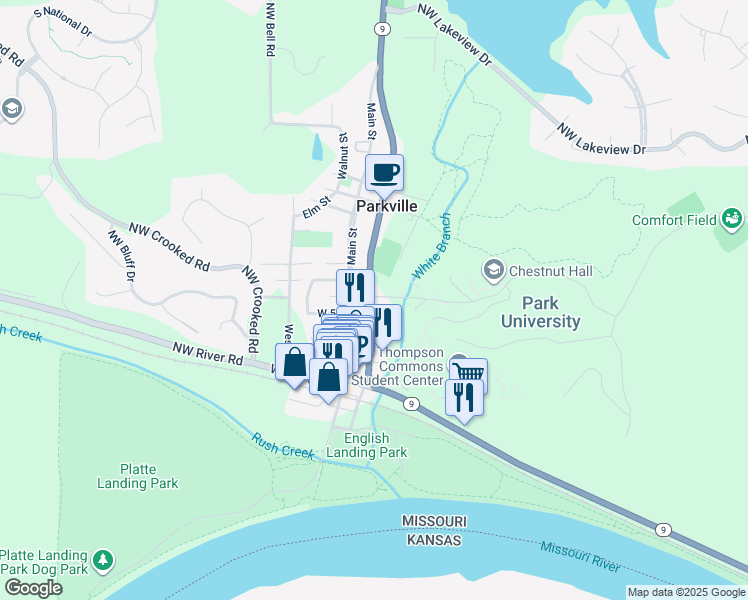 map of restaurants, bars, coffee shops, grocery stores, and more near 603 East Street in Parkville