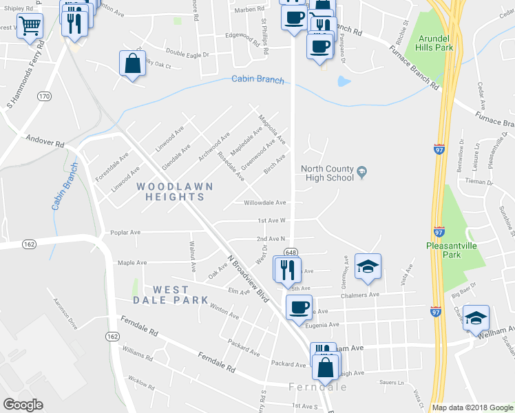 map of restaurants, bars, coffee shops, grocery stores, and more near 13 Willowdale Avenue in Glen Burnie