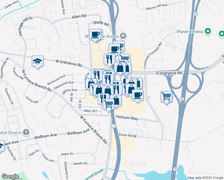 map of restaurants, bars, coffee shops, grocery stores, and more near 6722 Ritchie Highway in Glen Burnie