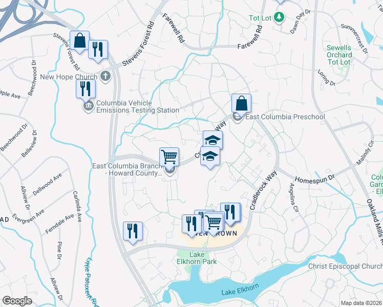 map of restaurants, bars, coffee shops, grocery stores, and more near 6587 Pressed Gentian in Columbia