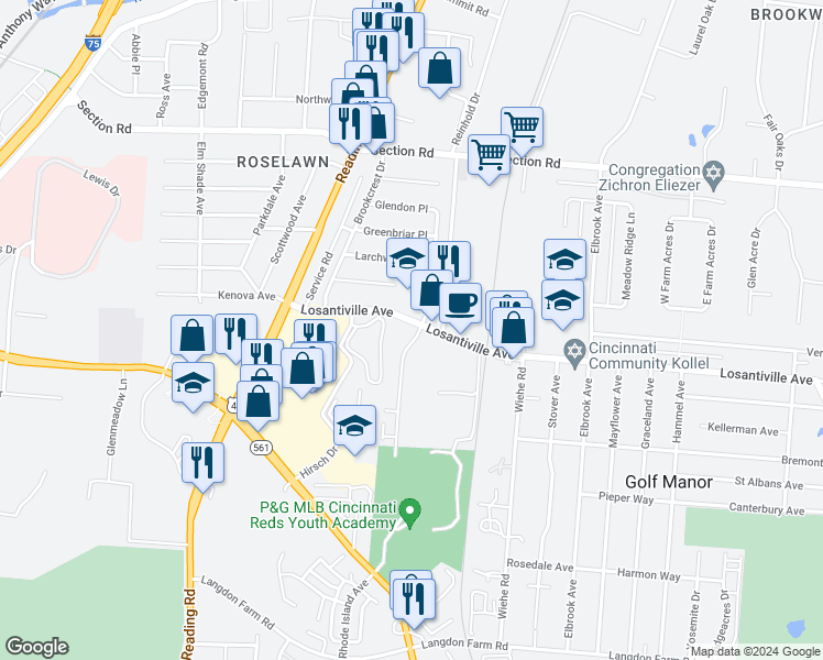 map of restaurants, bars, coffee shops, grocery stores, and more near 7171 Eastlawn Drive in Cincinnati