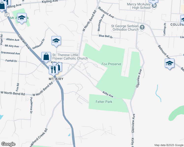 map of restaurants, bars, coffee shops, grocery stores, and more near 5400 Scarletoak Drive in Cincinnati