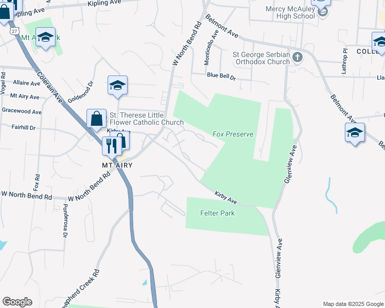 map of restaurants, bars, coffee shops, grocery stores, and more near 5400 Scarletoak Drive in Cincinnati