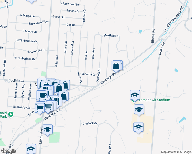map of restaurants, bars, coffee shops, grocery stores, and more near 8013 Sanoma Drive in Cincinnati