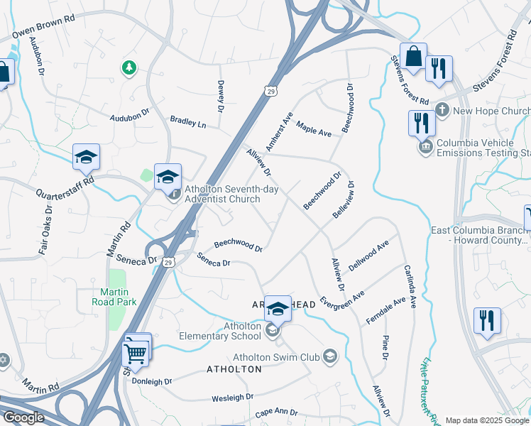 map of restaurants, bars, coffee shops, grocery stores, and more near 6433 Amherst Avenue in Columbia