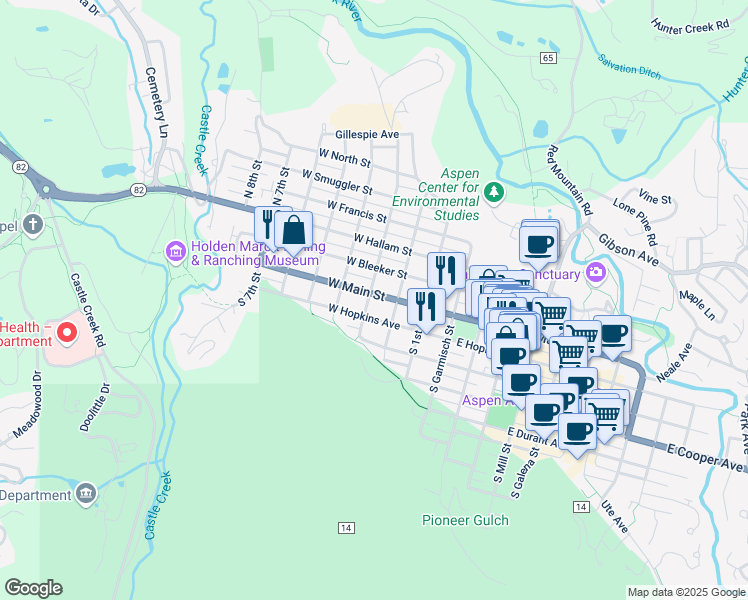 map of restaurants, bars, coffee shops, grocery stores, and more near in Aspen