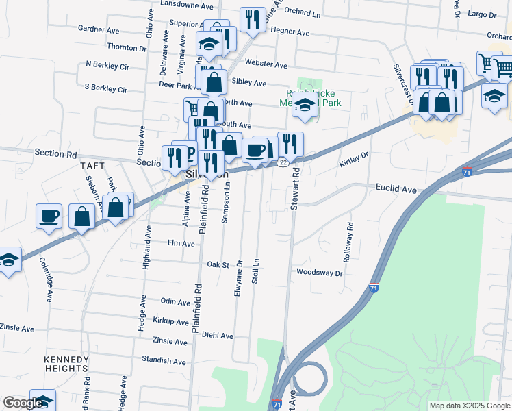 map of restaurants, bars, coffee shops, grocery stores, and more near 6841 Stoll Lane in Cincinnati