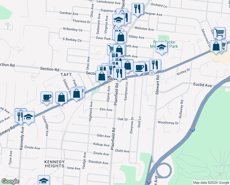 map of restaurants, bars, coffee shops, grocery stores, and more near 6834 Plainfield Road in Cincinnati