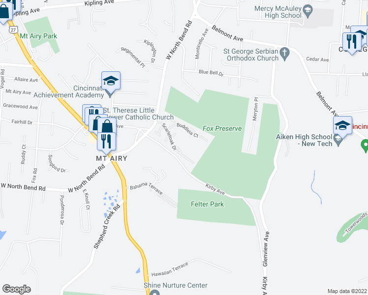 map of restaurants, bars, coffee shops, grocery stores, and more near 5400 Scarletoak Drive in Cincinnati