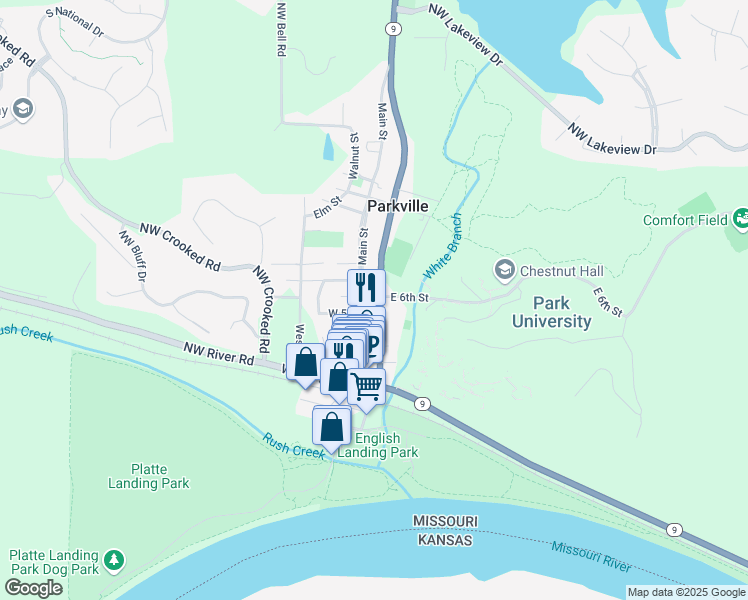 map of restaurants, bars, coffee shops, grocery stores, and more near 506 East Street in Parkville