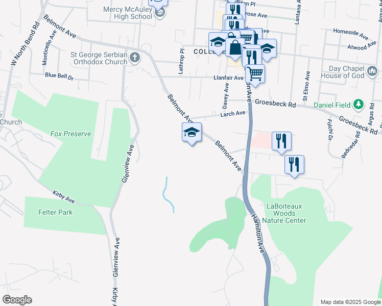 map of restaurants, bars, coffee shops, grocery stores, and more near 5641 Belmont Avenue in Cincinnati