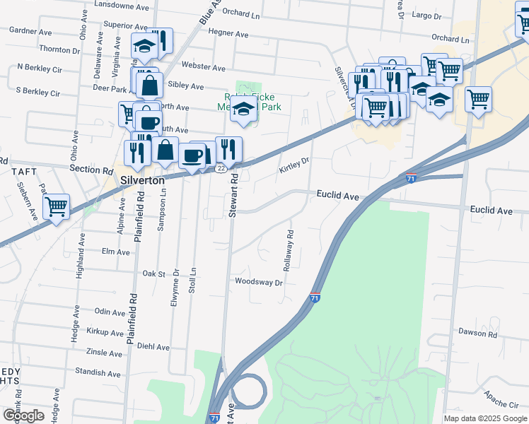 map of restaurants, bars, coffee shops, grocery stores, and more near 5721 Euclid Road in Cincinnati