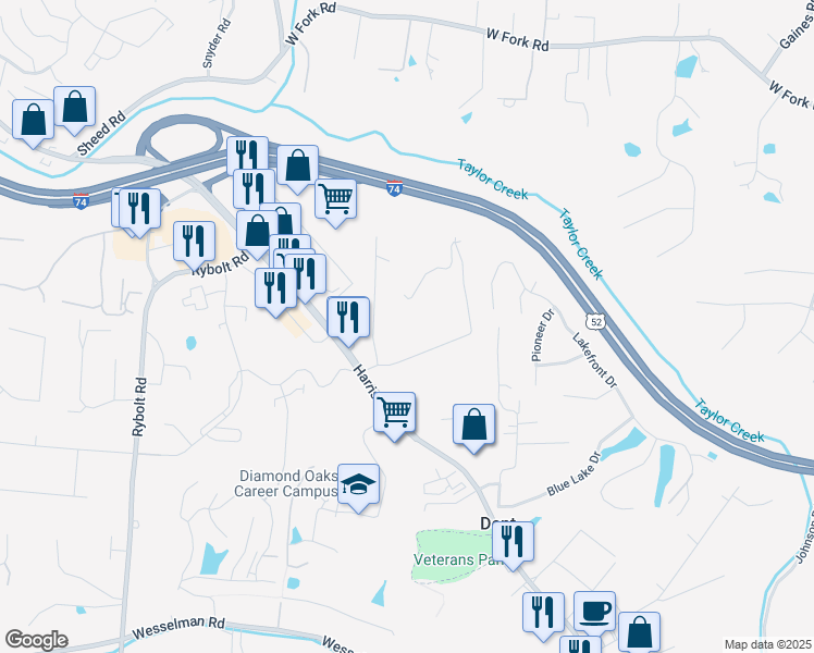 map of restaurants, bars, coffee shops, grocery stores, and more near 5411 Blue Sky Drive in Cincinnati