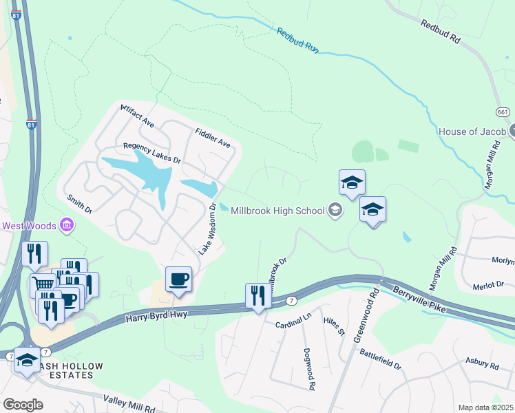 map of restaurants, bars, coffee shops, grocery stores, and more near 110 Lake Wisdom Drive in Winchester
