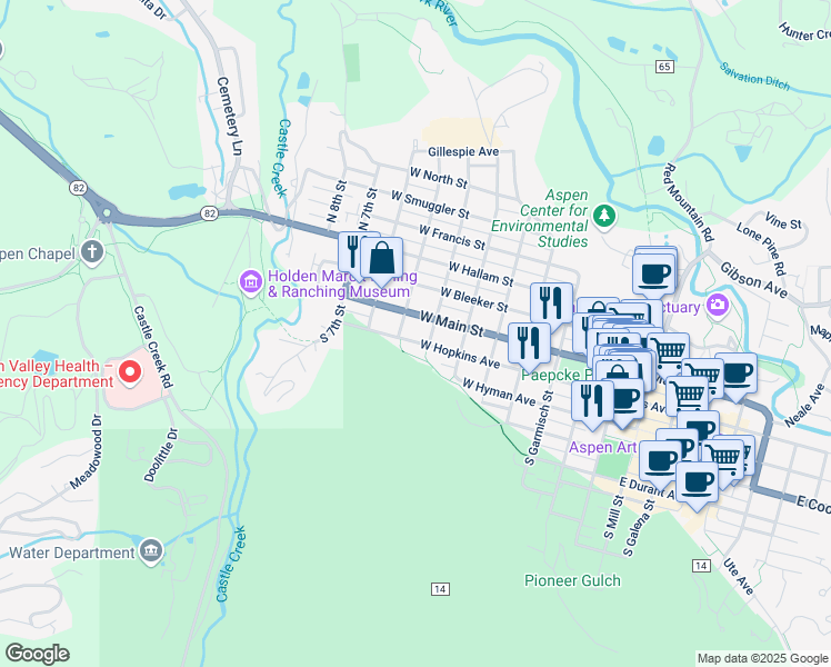 map of restaurants, bars, coffee shops, grocery stores, and more near 519 West Main Street in Aspen