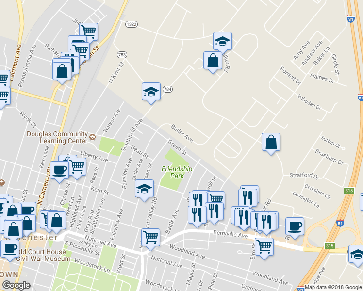map of restaurants, bars, coffee shops, grocery stores, and more near 516 Green Street in Winchester