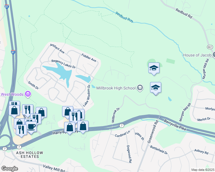 map of restaurants, bars, coffee shops, grocery stores, and more near 110 Lake Wisdom Drive in Winchester