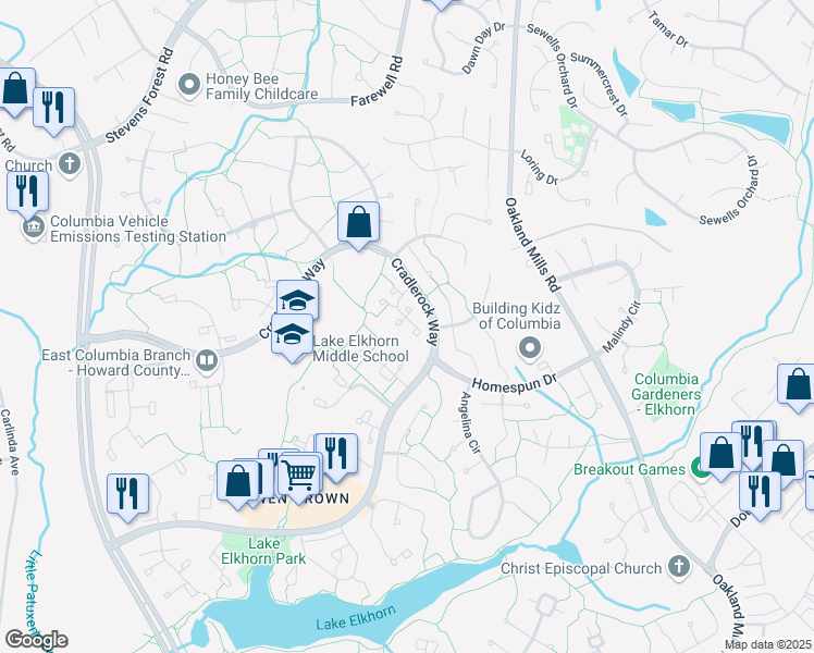 map of restaurants, bars, coffee shops, grocery stores, and more near 7032 Knighthood Lane in Columbia