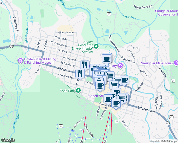 map of restaurants, bars, coffee shops, grocery stores, and more near 128 North Garmisch Street in Aspen
