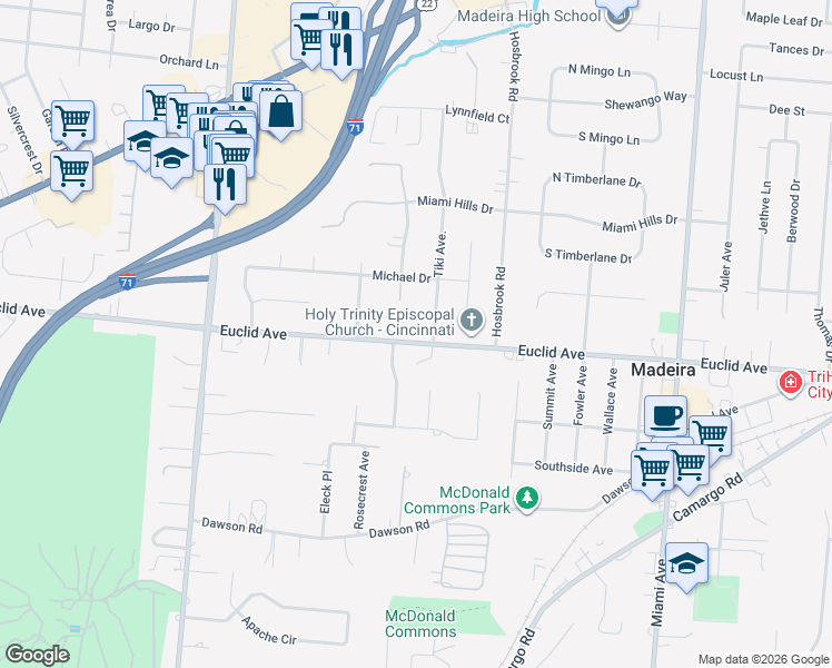 map of restaurants, bars, coffee shops, grocery stores, and more near 6978 Euclid Avenue in Cincinnati